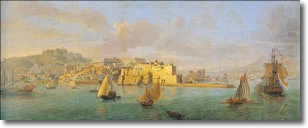 stampa antica raffigurante un castello circondato dal mare